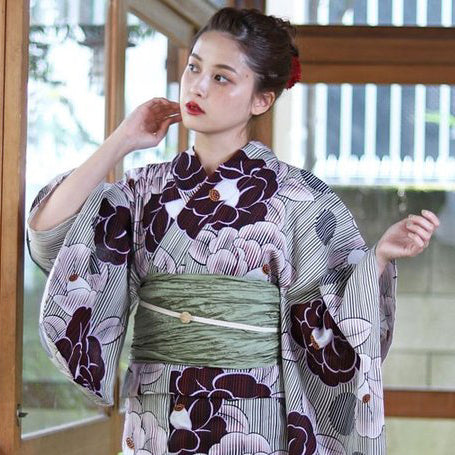 Yukata Kimono - Maroon Camellia