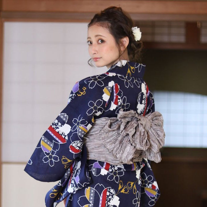 Yukata Kimono - Abstract Cherry Blossoms Indigo Blue