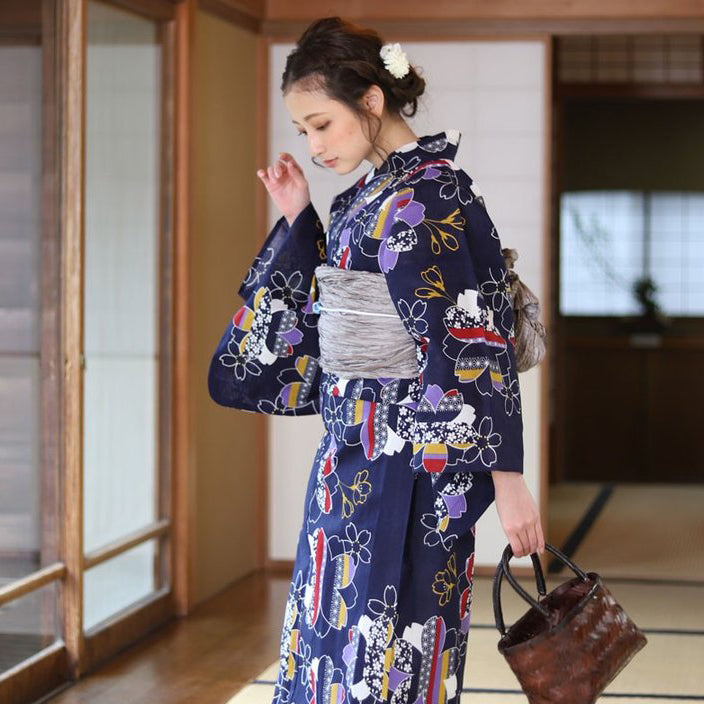 Yukata Kimono - Abstract Cherry Blossoms Indigo Blue